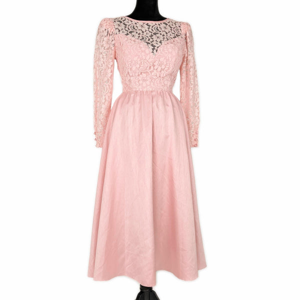 1980's Vintage Pastel Pink Lace Midi Dress Kitsch Vintage