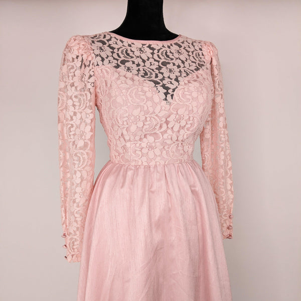 1980's Vintage Pastel Pink Lace Midi Dress Kitsch Vintage