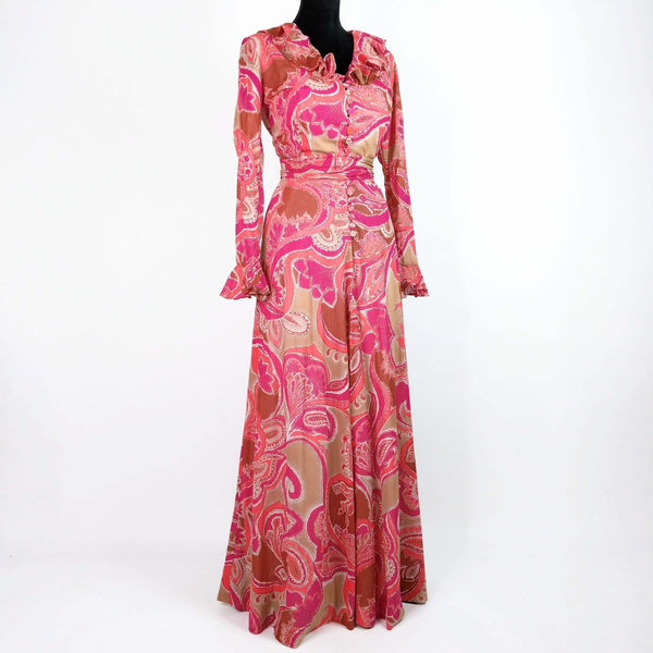 1970's Vintage Colourful Pink Paisley Maxi Dress Kitsch Vintage