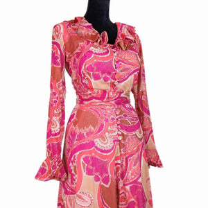 1970's Vintage Colourful Pink Paisley Maxi Dress Kitsch Vintage