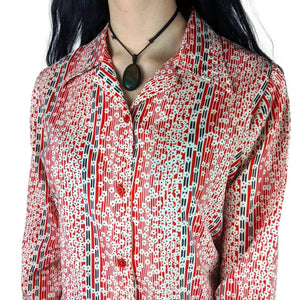 70's Vintage Red Flower Power Button Up Shirt Kitsch Vintage