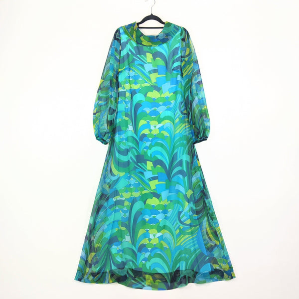 60's / 70's Vintage Psychedelic Blue Green Chiffon Maxi Dress Kitsch Vintage