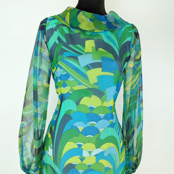 60's / 70's Vintage Psychedelic Blue Green Chiffon Maxi Dress Kitsch Vintage