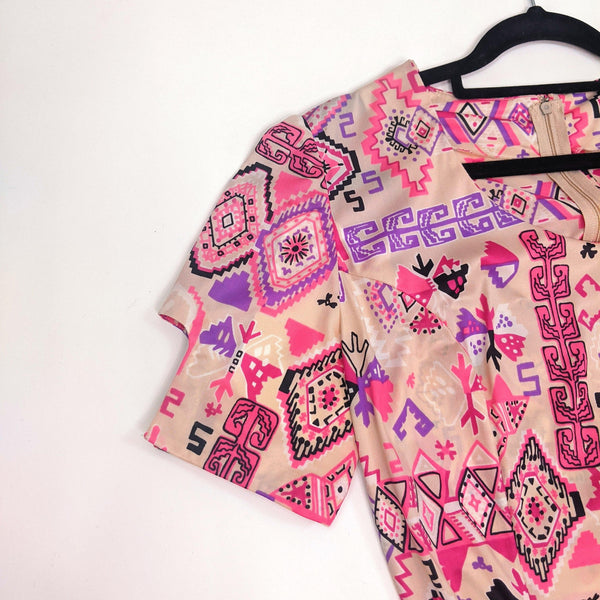 60's Psychedelic Pink Aztec Dress Kitsch Vintage