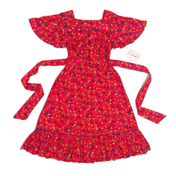 70's Vintage Red Flower Power Cotton Dress Deadstock with Tags Kitsch Vintage