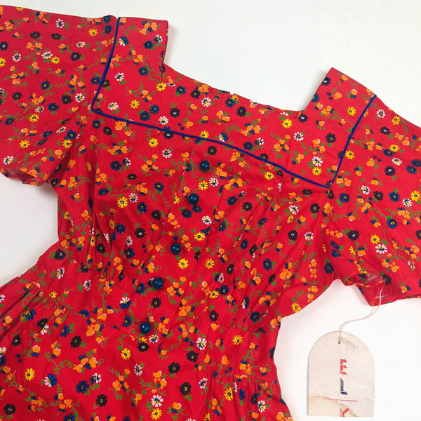 70's Vintage Red Flower Power Cotton Dress Deadstock with Tags kitsch-vintage.myshopify.com