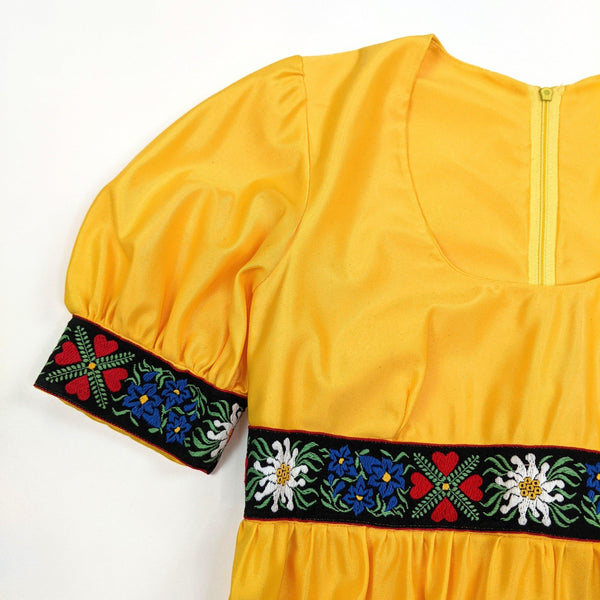 60's / 70's Vintage Yellow Maxi with Floral Trim Kitsch Vintage