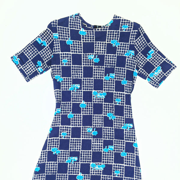 60's / 70's Vintage Blue Novelty Print Tree and House Maxi Dress Kitsch Vintage