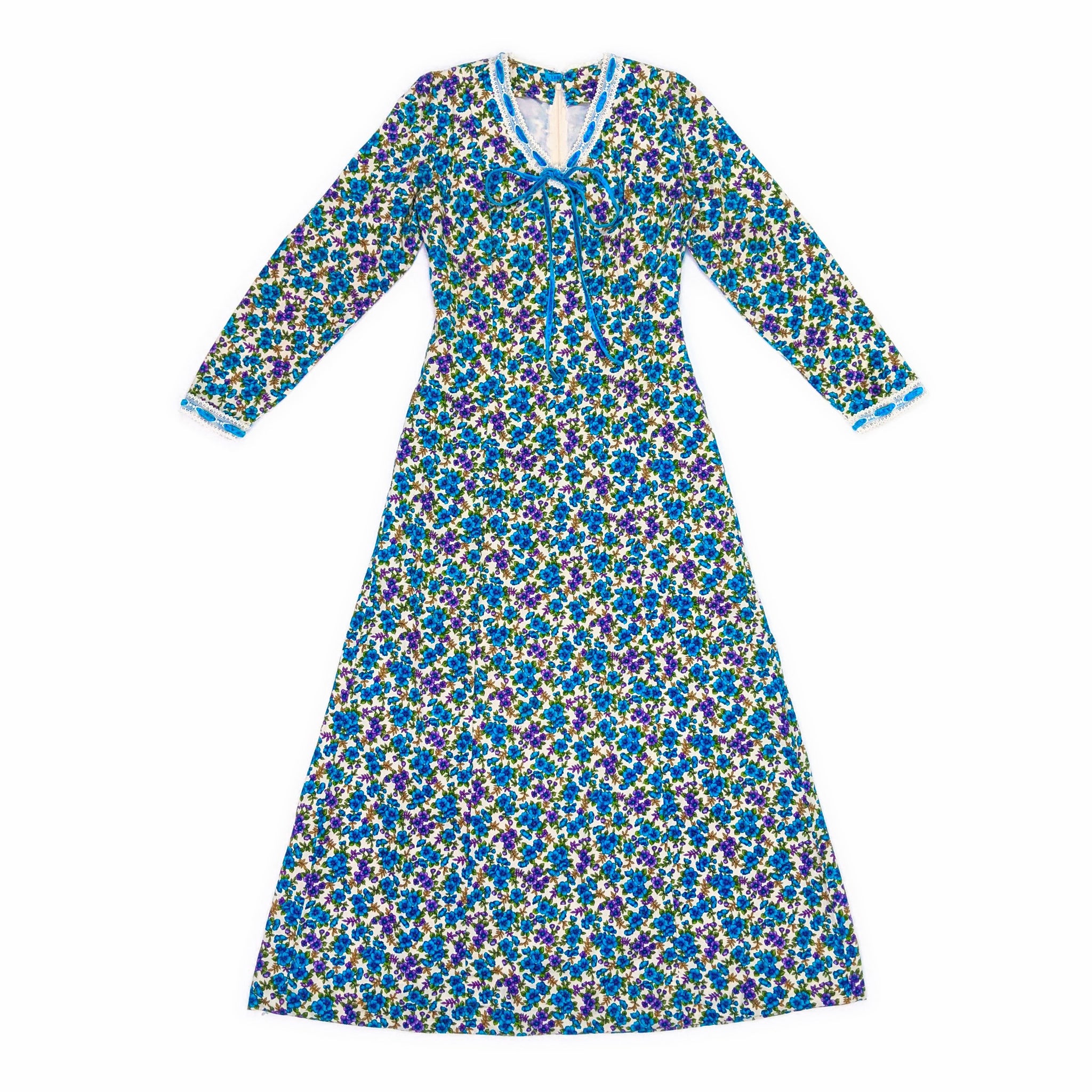 70's Vintage Blue and Purple Floral Maxi Dress Kitsch Vintage