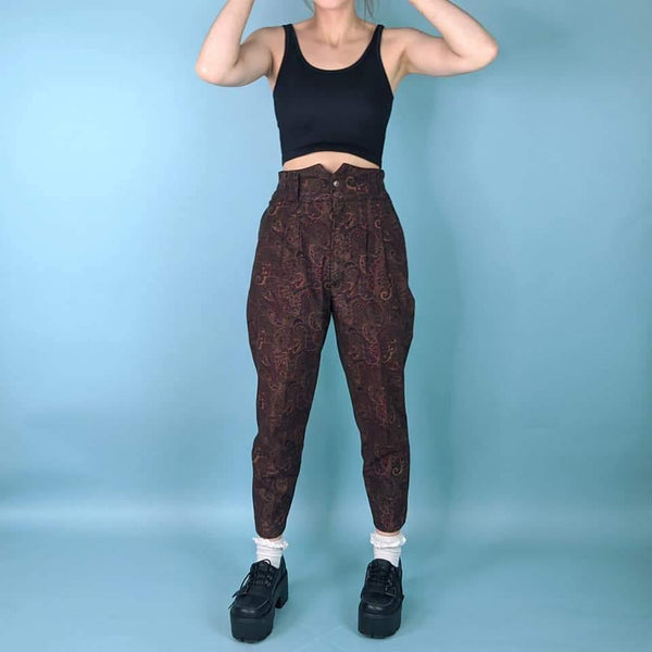 70's / 80's Vintage High Waisted Paisley Brown Pants Kitsch Vintage