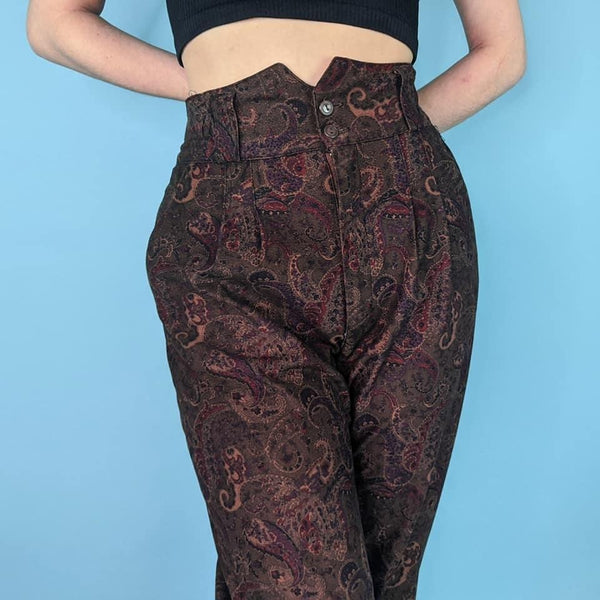 70's / 80's Vintage High Waisted Paisley Brown Pants Kitsch Vintage