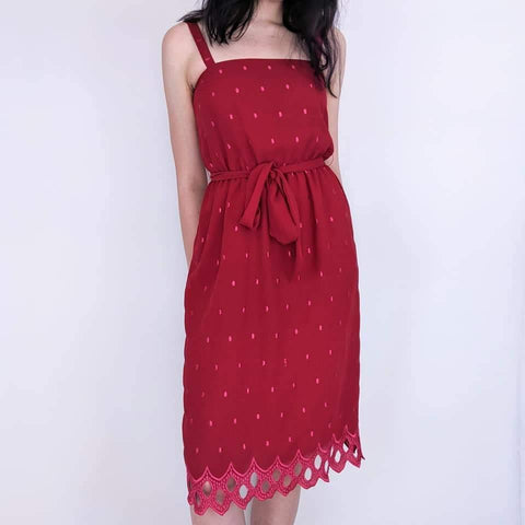 70's Romantic Red Midi Dress Kitsch Vintage