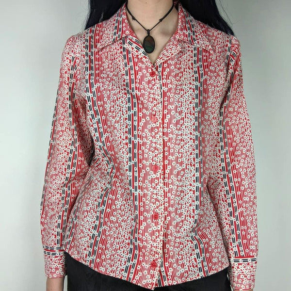 70's Vintage Red Flower Power Button Up Shirt Kitsch Vintage