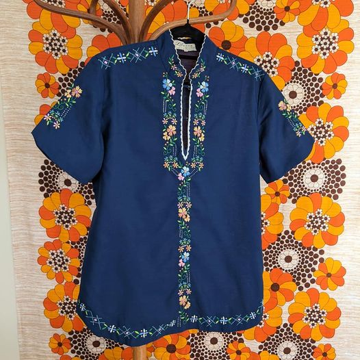 1970's Vintage Blue Floral Embroidered Shirt