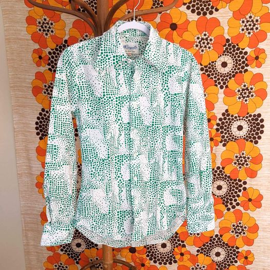 1970's Vintage Deadstock White and Green Spotty Button Up Shirt - with rounded style collar