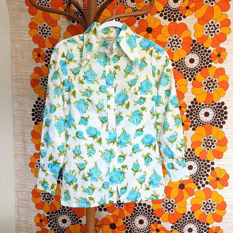 1970's Vintage Deadstock Blue Rose Button Up Shirt