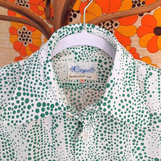 1970's Vintage Deadstock White and Green Spotty Button Up Shirt - with rounded style collar