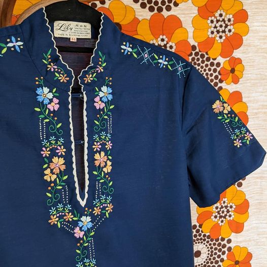 1970's Vintage Blue Floral Embroidered Shirt