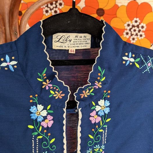 1970's Vintage Blue Floral Embroidered Shirt