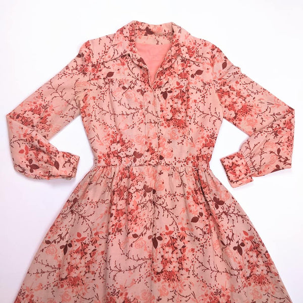 1970's Vintage Peachy Pink Floral Wool Dress