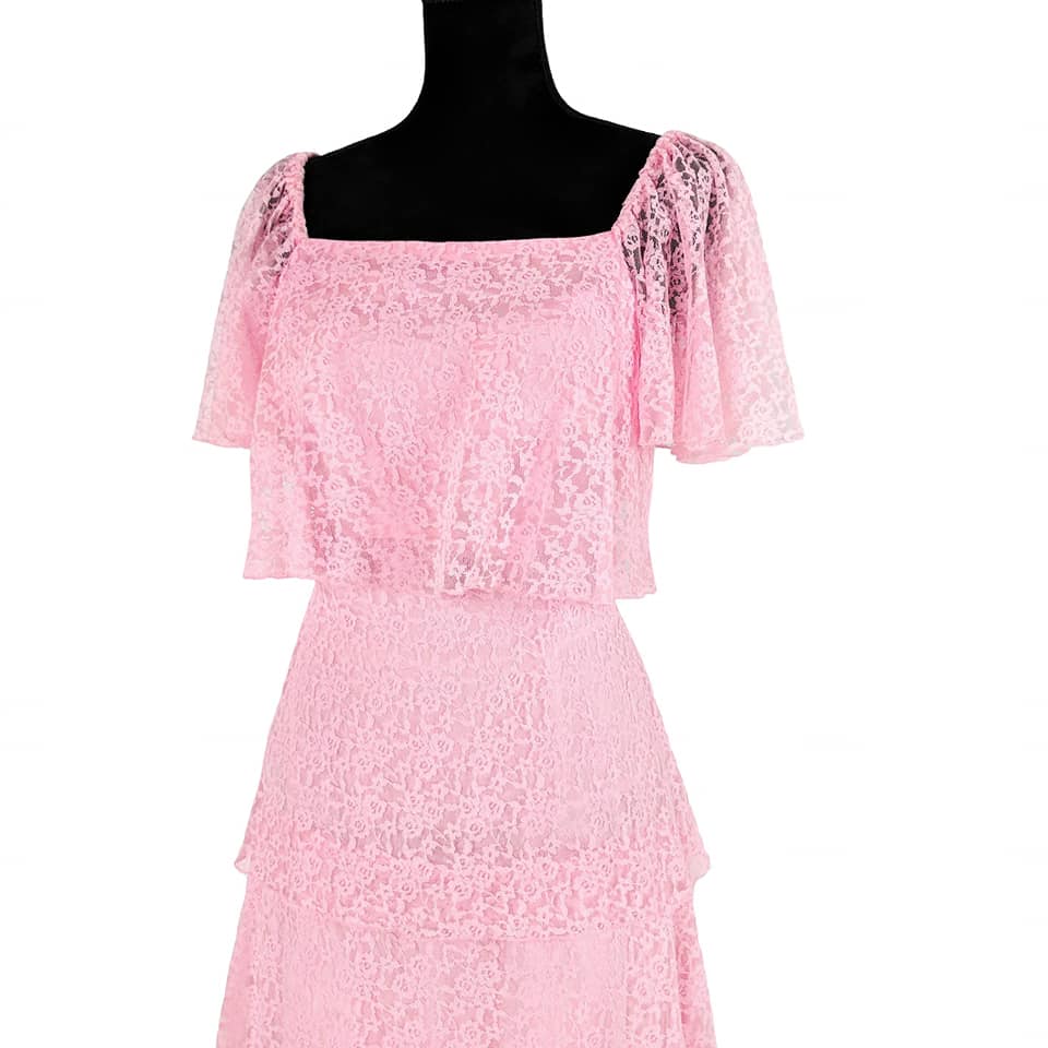 1970's Vintage Pink Lace Fluttery Tiered Maxi Dress