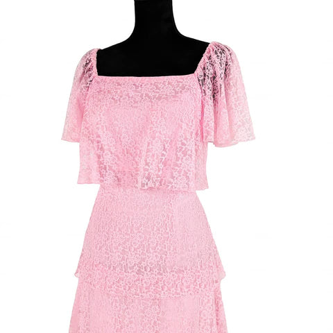 1970's Vintage Pink Lace Fluttery Tiered Maxi Dress