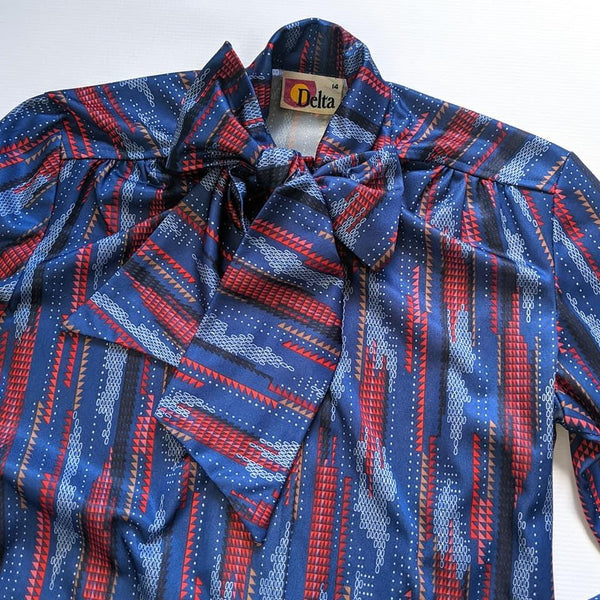 70's Vintage Blue and Red Print Pussybow Button up Shirt kitsch-vintage.myshopify.com