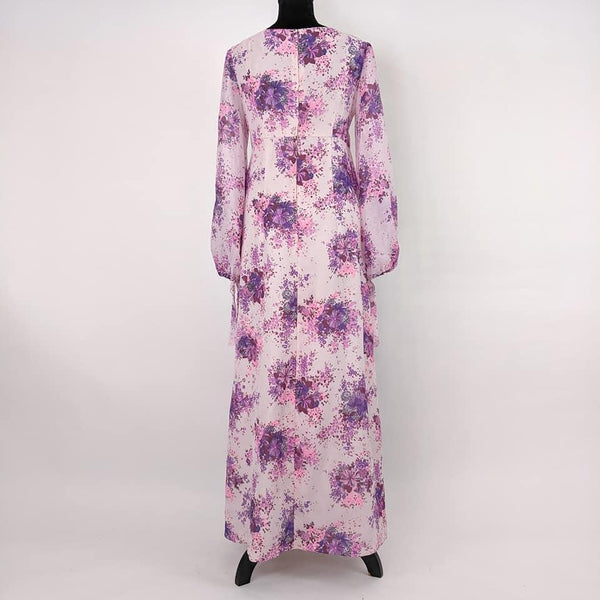 60's / 70's Vintage Purple and Pink Chiffon Maxi Dress Kitsch Vintage