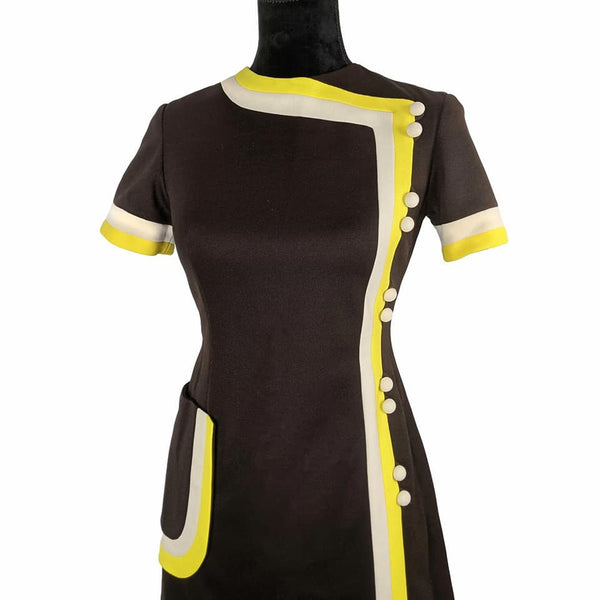 1960's Vintage Brown and Yellow Mod Mini Dress