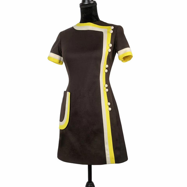 1960's Vintage Brown and Yellow Mod Mini Dress