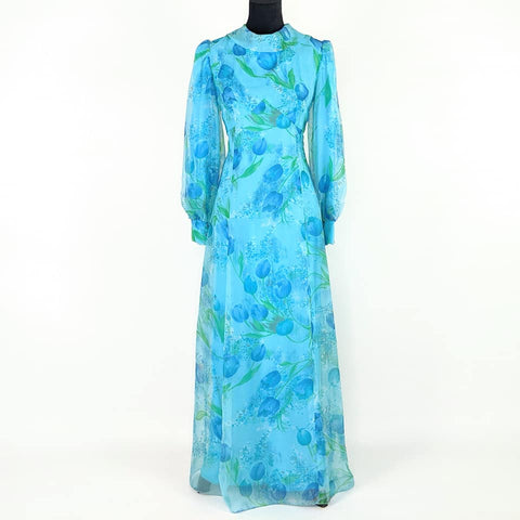 70's Vintage Floral Aqua Chiffon Maxi Dress kitsch-vintage.myshopify.com