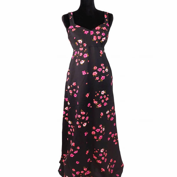 70's Vintage Black and Pink Floral Maxi Dress Kitsch Vintage