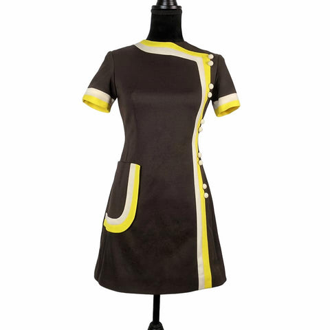 1960's Vintage Brown and Yellow Mod Mini Dress