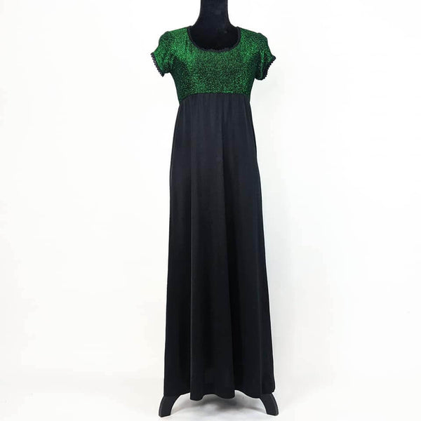 1970's Vintage Green Lurex Empire Waist Maxi Dress Kitsch Vintage