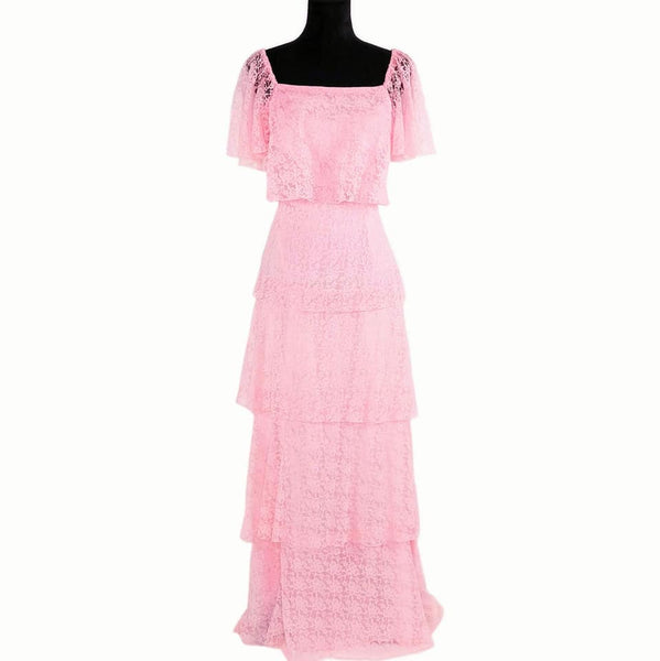 1970's Vintage Pink Lace Fluttery Tiered Maxi Dress