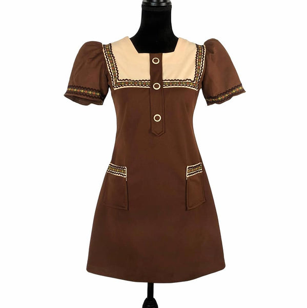 1960's Vintage Chocolate Brown and Cream Mini Dress