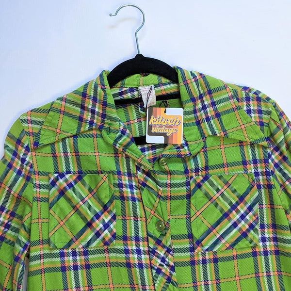 70's Vintage Green Plaid Cotton Button up Shirt Kitsch Vintage