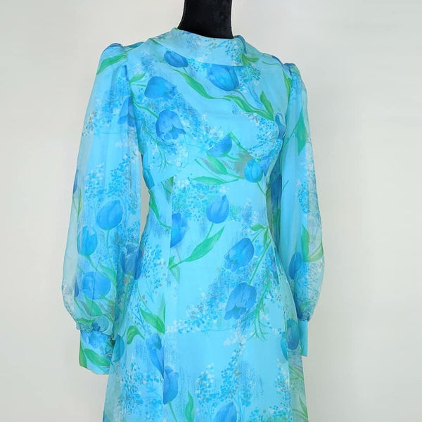 70's Vintage Floral Aqua Chiffon Maxi Dress Kitsch Vintage