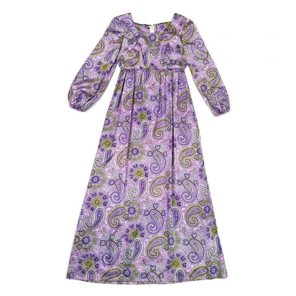 60's / 70's Vintage Purple and Lime Green Paisley Maxi Dress Kitsch Vintage