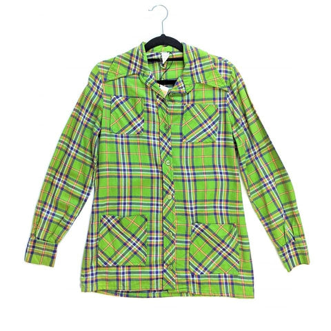 70's Vintage Green Plaid Cotton Button up Shirt kitsch-vintage.myshopify.com