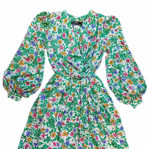 80's Vintage Colourful Green Floral Midi Dress Kitsch Vintage