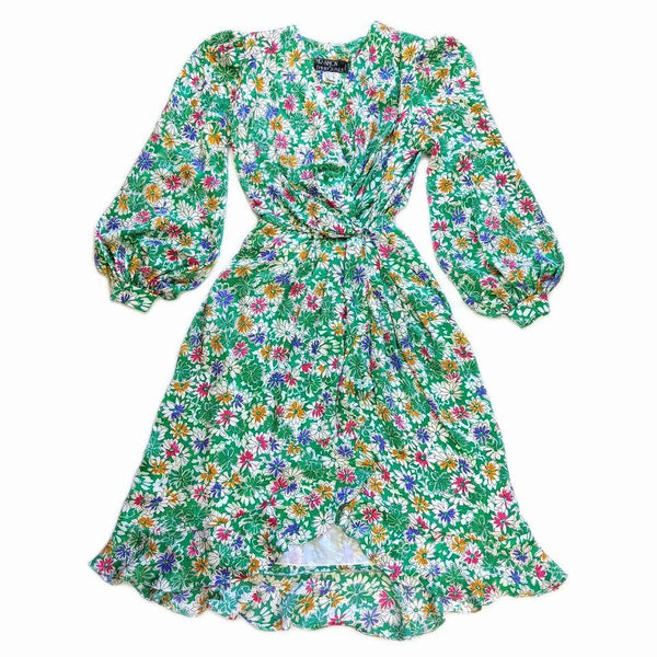 80's Vintage Colourful Green Floral Midi Dress Kitsch Vintage