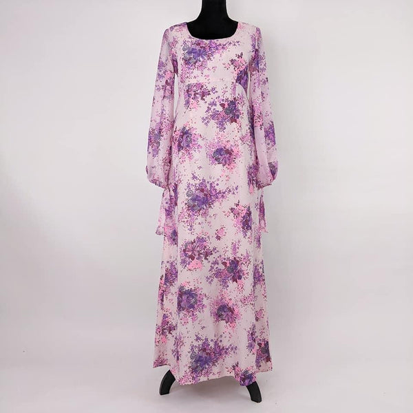 60's / 70's Vintage Purple and Pink Chiffon Maxi Dress Kitsch Vintage