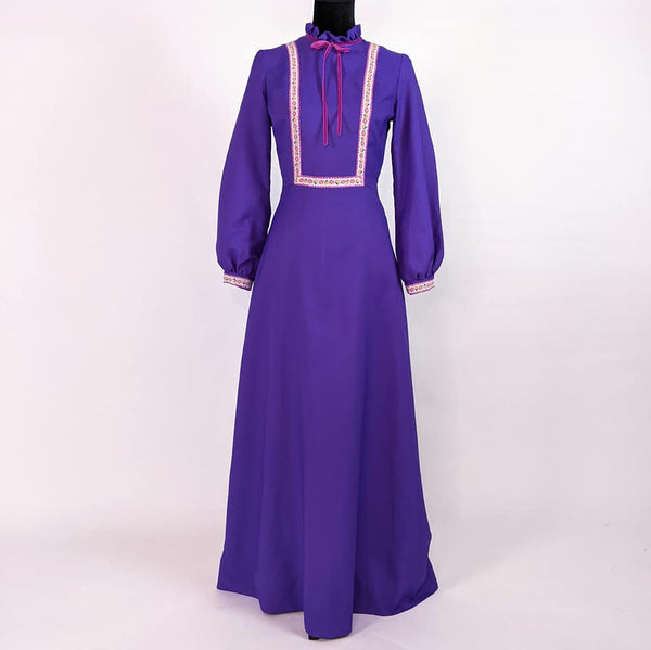 70's Vintage Purple Prairie Maxi Dress Kitsch Vintage