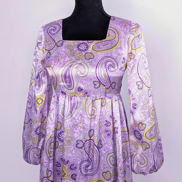 60's / 70's Vintage Purple and Lime Green Paisley Maxi Dress Kitsch Vintage