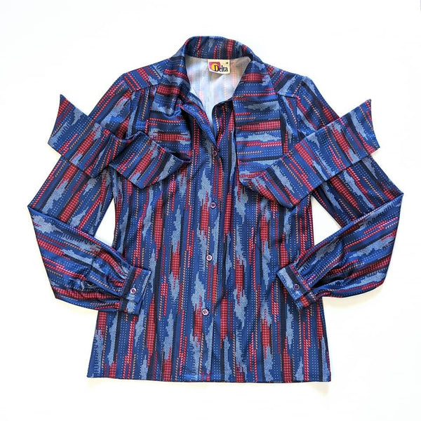 70's Vintage Blue and Red Print Pussybow Button up Shirt Kitsch Vintage