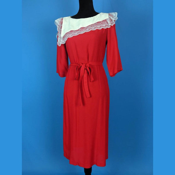 80's Bright Red Midi Dress Kitsch Vintage